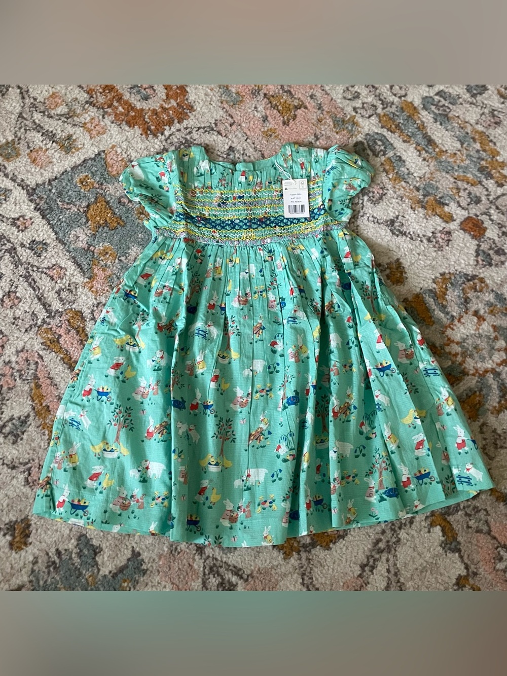 NWT Mini Boden Mint Green Smocked Cotton Dress with Playful Spring Animal Print